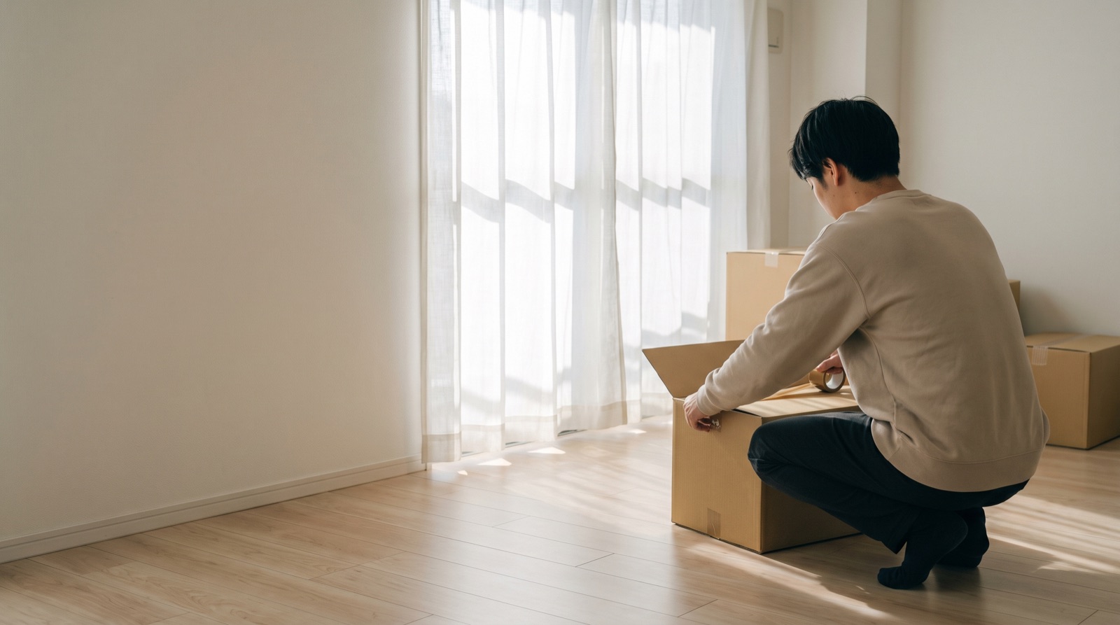 引っ越し直後の部屋で段ボールを開ける人