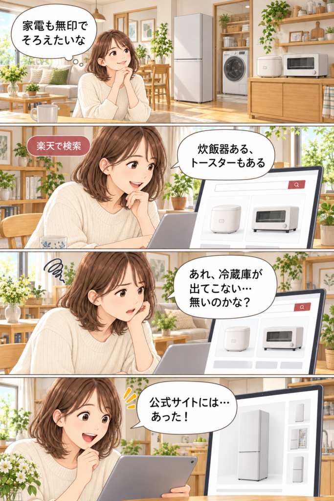 無印良品で家電をそろえようとして、楽天市場では冷蔵庫が見つからず、公式ネットストアには取り扱いがあると気づく4コマ漫画