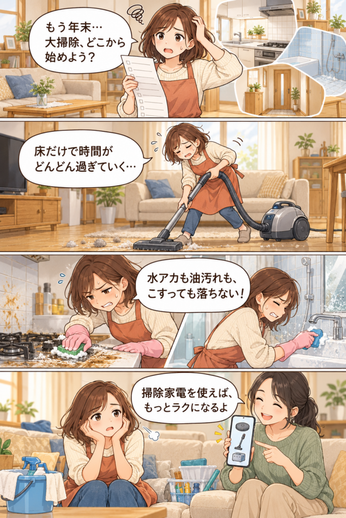 大掃除をどこから始めるか迷い、床掃除に時間を取られ、水アカや油汚れが手作業では落ちないことに気づく4コマ漫画