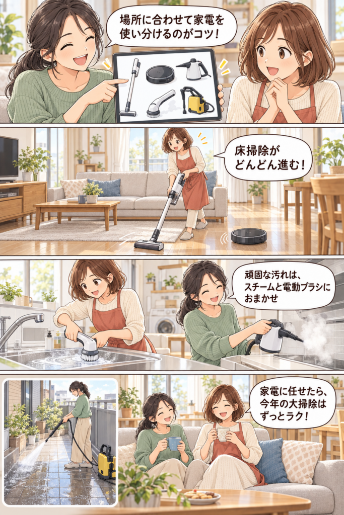 汚れの種類に合わせて掃除家電を使い分け、コードレス掃除機・スチームクリーナー・高圧洗浄機で大掃除を終える4コマ漫画
